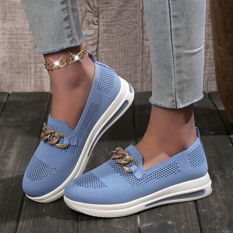 Women's Slip-On Sneakers - Breathable Mesh - Cushioned Sole - Chain Detail Casual Wear