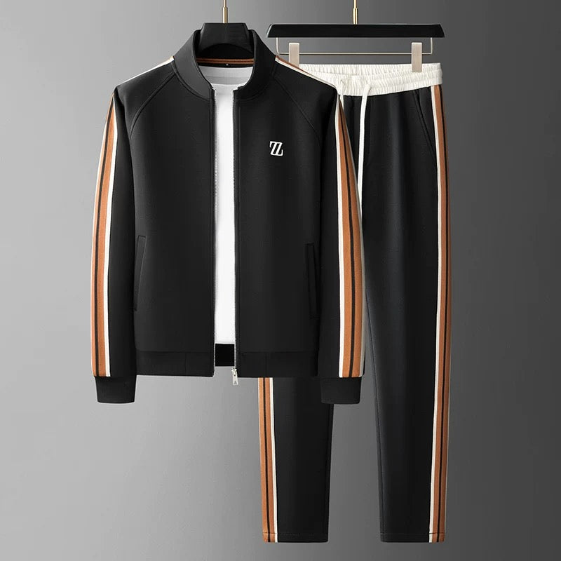 Men’s Tracksuit Set – Zip Jacket and Tapered Joggers – Side Stripe – Stretch Fit