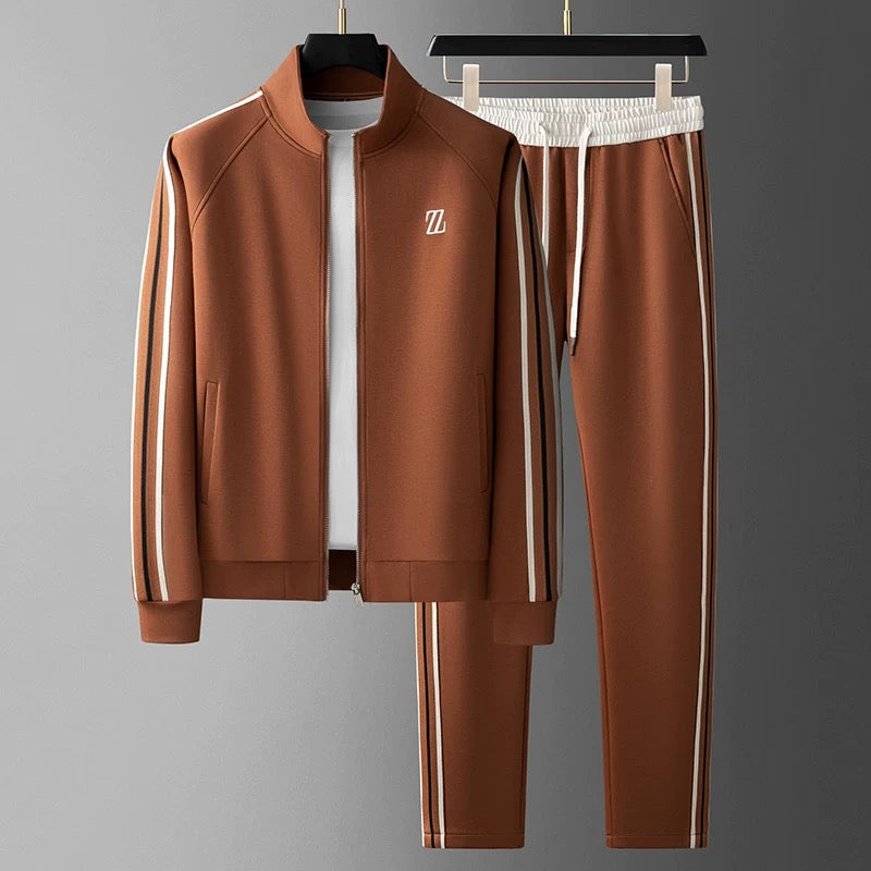 Men’s Tracksuit Set – Zip Jacket and Tapered Joggers – Side Stripe – Stretch Fit