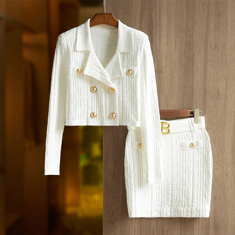 Women's Cropped Blazer & Mini Skirt Set - Double-Breasted - Textured Fabric - Belted