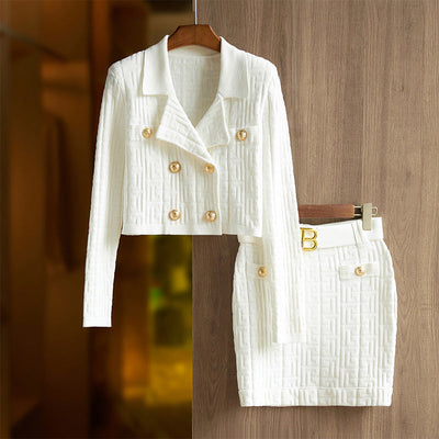 Women's Cropped Blazer & Mini Skirt Set - Double-Breasted - Textured Fabric - Belted
