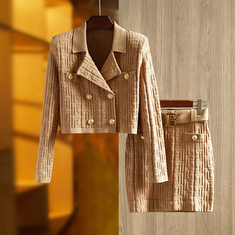 Women's Cropped Blazer & Mini Skirt Set - Double-Breasted - Textured Fabric - Belted