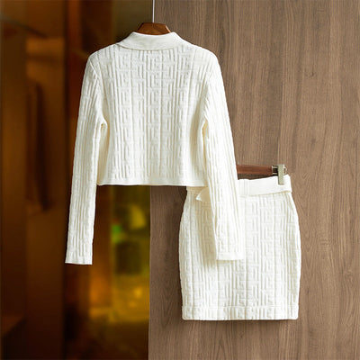 Women's Cropped Blazer & Mini Skirt Set - Double-Breasted - Textured Fabric - Belted