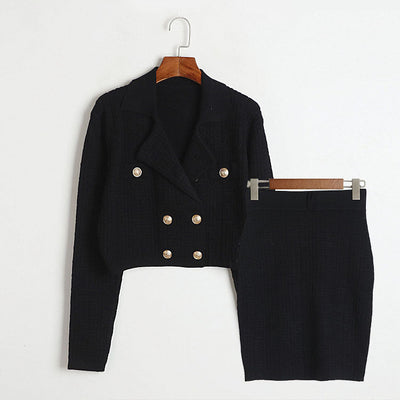 Women's Cropped Blazer & Mini Skirt Set - Double-Breasted - Textured Fabric - Belted