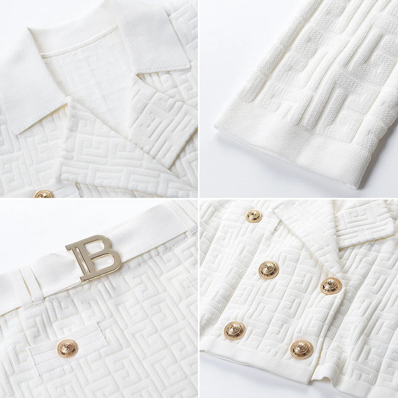 Women's Cropped Blazer & Mini Skirt Set - Double-Breasted - Textured Fabric - Belted