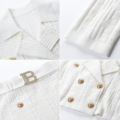 Women's Cropped Blazer & Mini Skirt Set - Double-Breasted - Textured Fabric - Belted