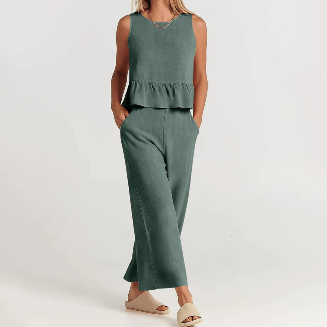 Women's sleeveless top with ruffles and wide-leg pants set