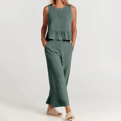 Women's Sleeveless Jumpsuit - Peplum Waist - Wide-Leg Cropped Fit - Lightweight & Breathable