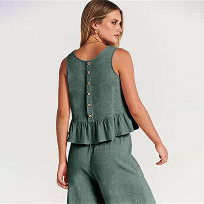 Women's sleeveless top with ruffles and wide-leg pants set