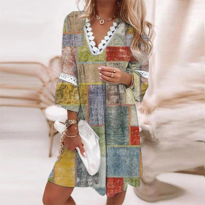 Women’s Midi Dress – Relaxed Fit – V-Neck with Lace Trim – Natural Fibers – Boho Style