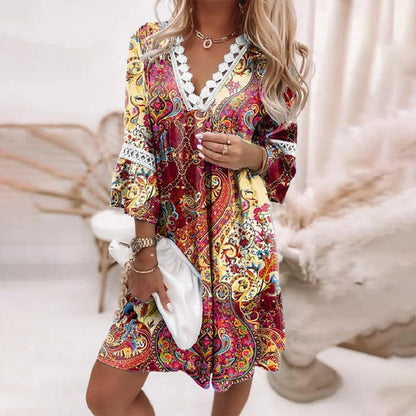 Women’s Midi Dress – Relaxed Fit – V-Neck with Lace Trim – Natural Fibers – Boho Style