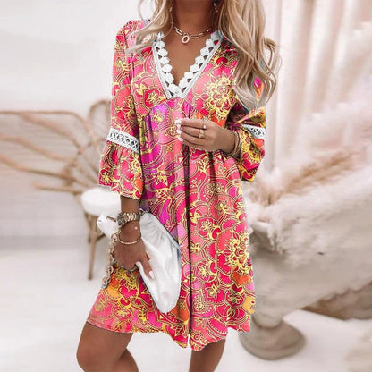 Women’s Midi Dress – Relaxed Fit – V-Neck with Lace Trim – Natural Fibers – Boho Style