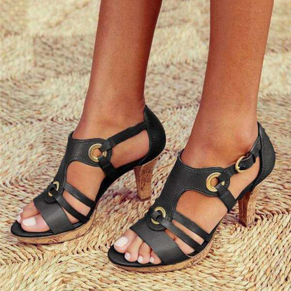 Women's Strappy Heels - Open-Toe - Medium Heel - Adjustable Buckle - Elegant Design