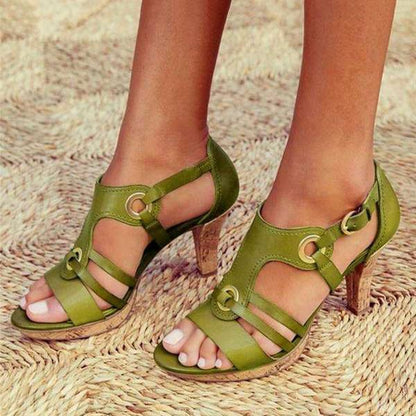 Women's Strappy Heels - Open-Toe - Medium Heel - Adjustable Buckle - Elegant Design