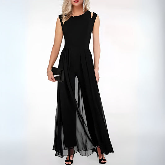 Women's Jumpsuit - Sleeveless Elegant Design - High Neck Cut-Out Detail - Wide-Leg Fit