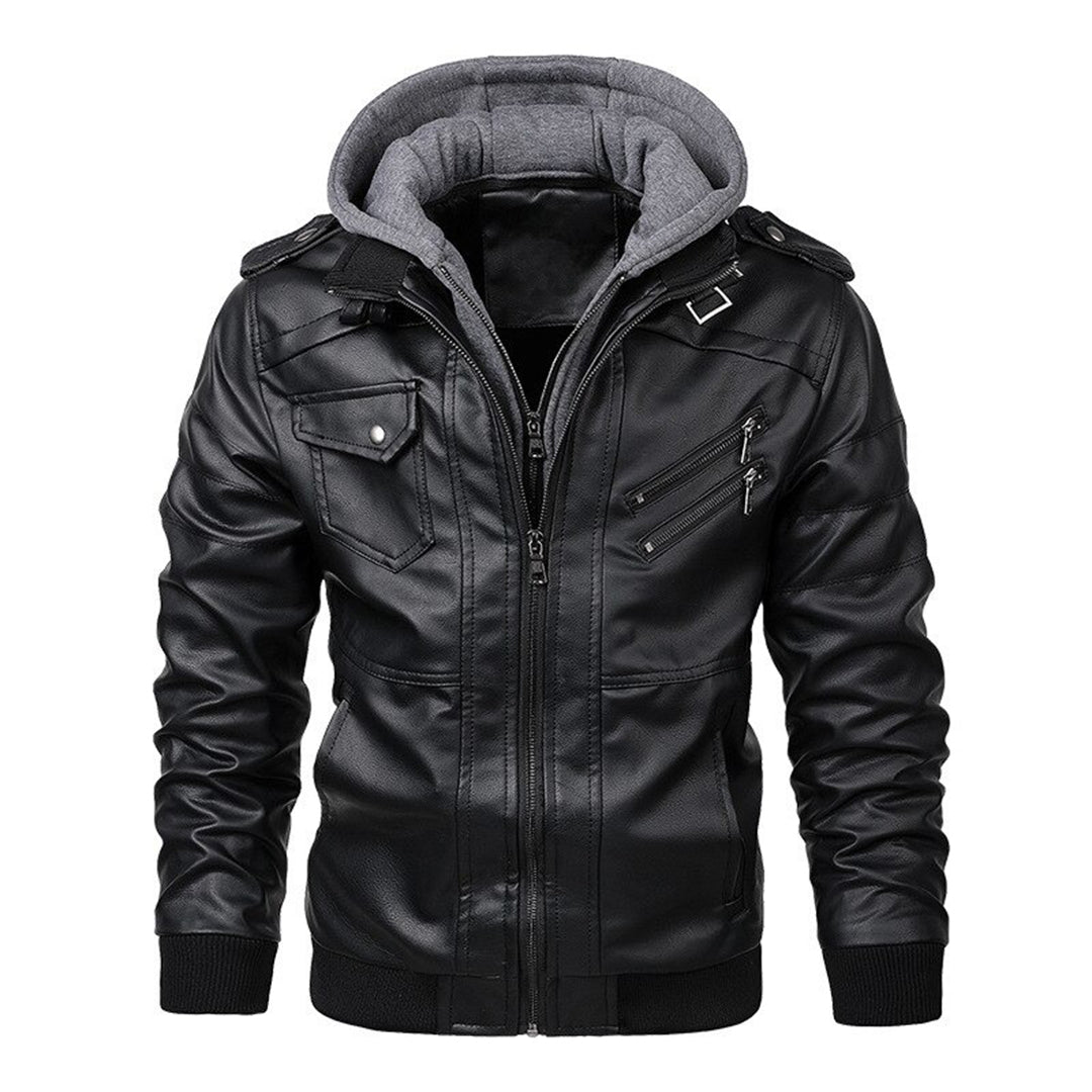 Men’s Leather Jacket – Fitted Silhouette – Hooded – Zip Pockets – Ribbed Cuffs & Hem