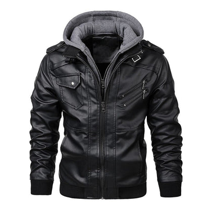 Men’s Leather Jacket – Fitted Silhouette – Hooded – Zip Pockets – Ribbed Cuffs & Hem