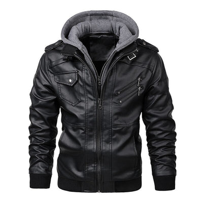 Men’s Leather Jacket – Fitted Silhouette – Hooded – Zip Pockets – Ribbed Cuffs & Hem