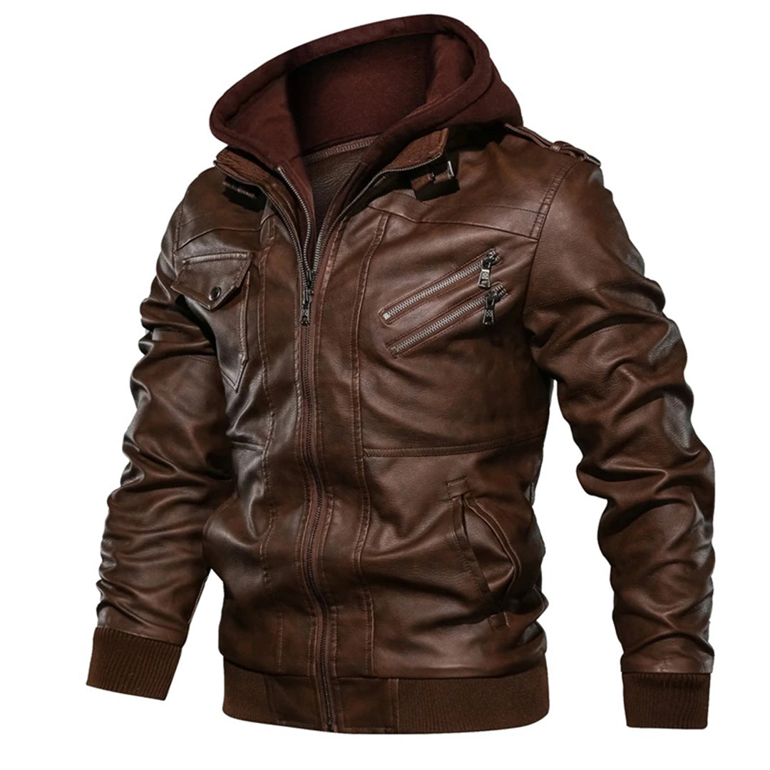 Men’s Leather Jacket – Fitted Silhouette – Hooded – Zip Pockets – Ribbed Cuffs & Hem