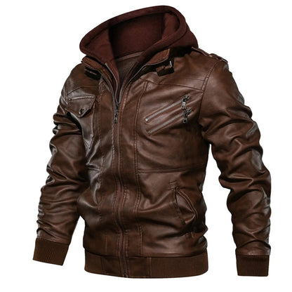 Men’s Leather Jacket – Fitted Silhouette – Hooded – Zip Pockets – Ribbed Cuffs & Hem