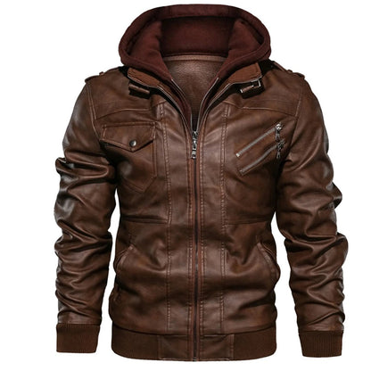 Men’s Leather Jacket – Fitted Silhouette – Hooded – Zip Pockets – Ribbed Cuffs & Hem