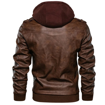 Men’s Leather Jacket – Fitted Silhouette – Hooded – Zip Pockets – Ribbed Cuffs & Hem
