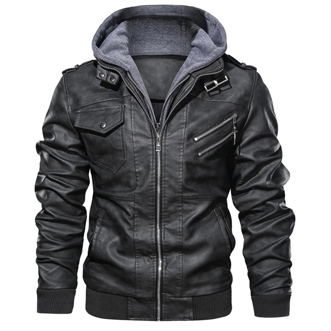 Men’s Leather Jacket – Fitted Silhouette – Hooded – Zip Pockets – Ribbed Cuffs & Hem