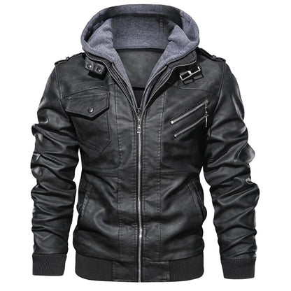 Men’s Leather Jacket – Fitted Silhouette – Hooded – Zip Pockets – Ribbed Cuffs & Hem