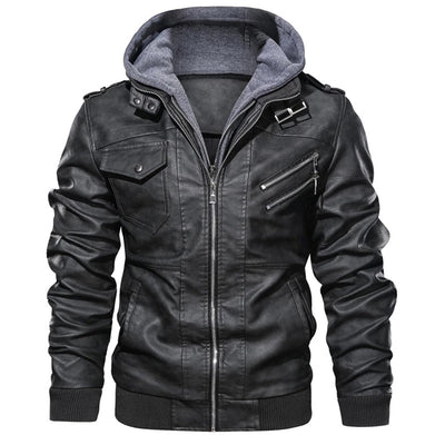 Men’s Leather Jacket – Fitted Silhouette – Hooded – Zip Pockets – Ribbed Cuffs & Hem