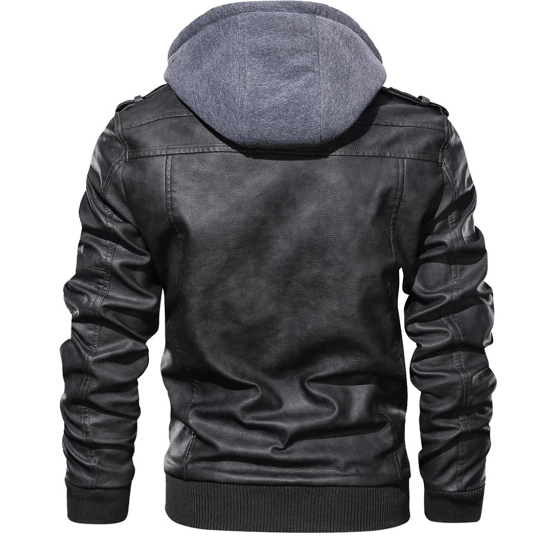 Men’s Leather Jacket – Fitted Silhouette – Hooded – Zip Pockets – Ribbed Cuffs & Hem