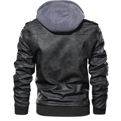 Men’s Leather Jacket – Fitted Silhouette – Hooded – Zip Pockets – Ribbed Cuffs & Hem