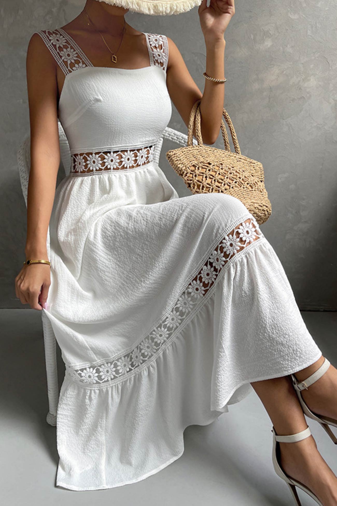 Women's Midi Dress - Square Neck - Lace Strap Detail - Fitted Bodice - Flowy Ruffle Hem