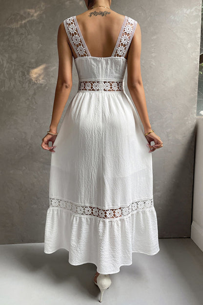 Women's Midi Dress - Square Neck - Lace Strap Detail - Fitted Bodice - Flowy Ruffle Hem