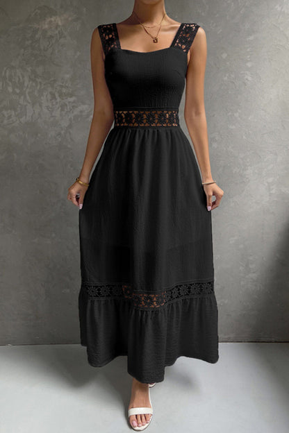Women's Midi Dress - Square Neck - Lace Strap Detail - Fitted Bodice - Flowy Ruffle Hem
