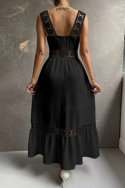 Women's Midi Dress - Square Neck - Lace Strap Detail - Fitted Bodice - Flowy Ruffle Hem