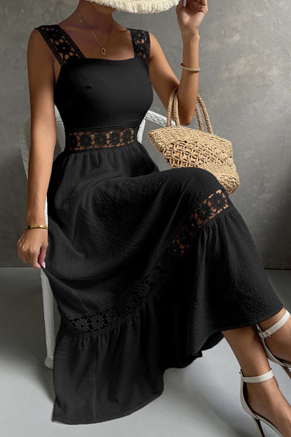 Women's Midi Dress - Square Neck - Lace Strap Detail - Fitted Bodice - Flowy Ruffle Hem