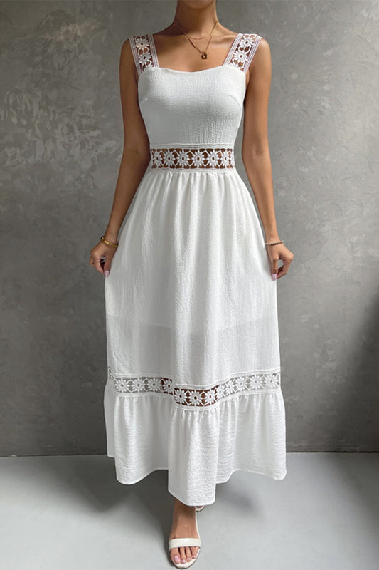 Women's Midi Dress - Square Neck - Lace Strap Detail - Fitted Bodice - Flowy Ruffle Hem