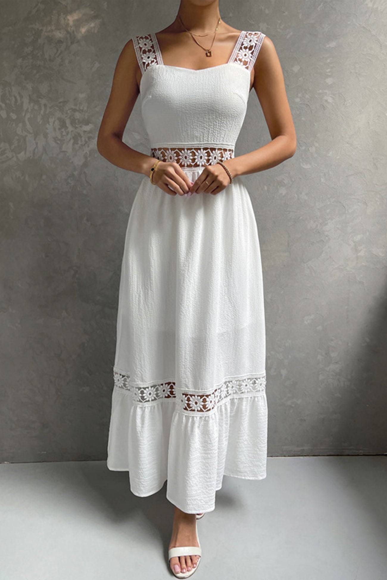 Women's Midi Dress - Square Neck - Lace Strap Detail - Fitted Bodice - Flowy Ruffle Hem
