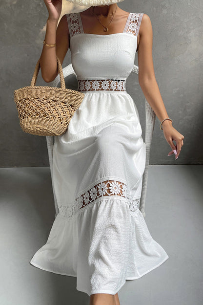 Women's Midi Dress - Square Neck - Lace Strap Detail - Fitted Bodice - Flowy Ruffle Hem