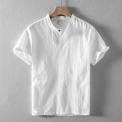 Men’s Short-Sleeve Shirt - Breathable Linen - Band Collar - Casual Relaxed Fit