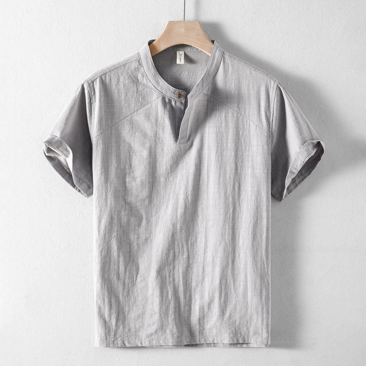 Men’s Short-Sleeve Shirt - Breathable Linen - Band Collar - Casual Relaxed Fit
