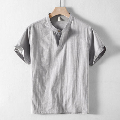 Men’s Short-Sleeve Shirt - Breathable Linen - Band Collar - Casual Relaxed Fit