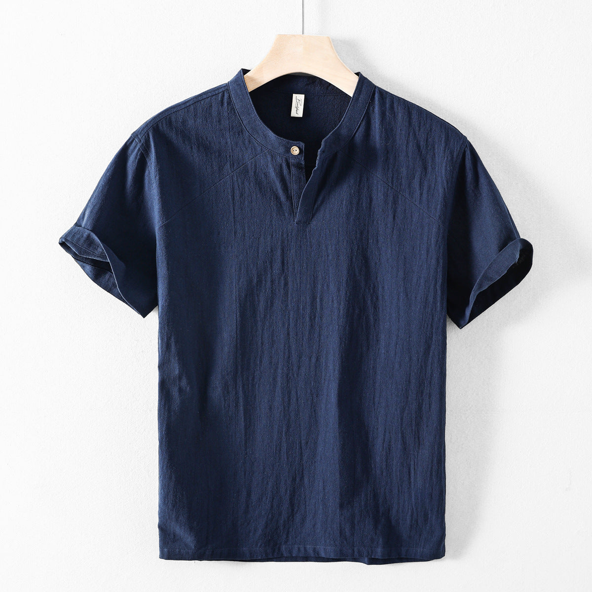 Men’s Short-Sleeve Shirt - Breathable Linen - Band Collar - Casual Relaxed Fit
