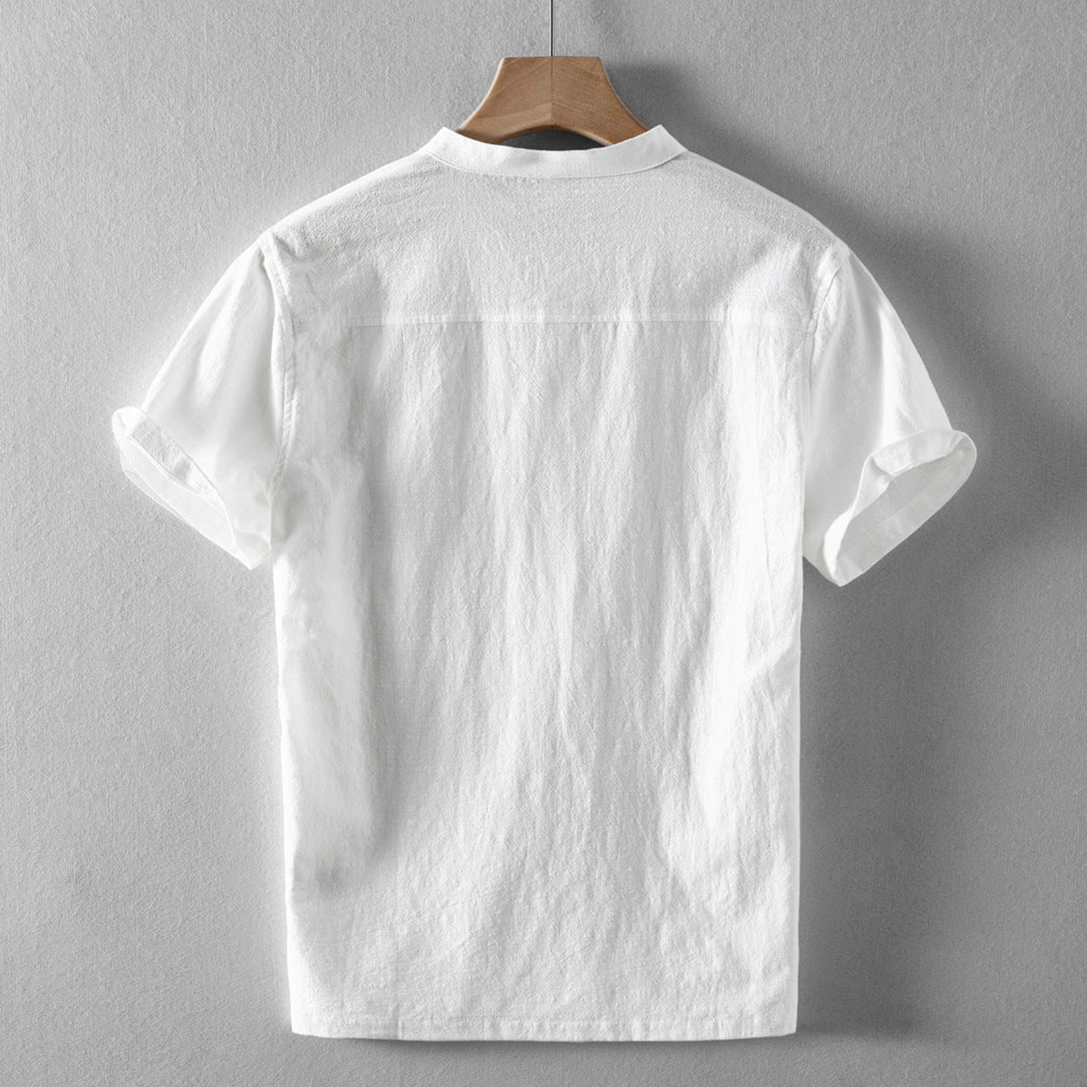 Men’s Short-Sleeve Shirt - Breathable Linen - Band Collar - Casual Relaxed Fit