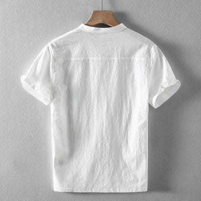 Men’s Short-Sleeve Shirt - Breathable Linen - Band Collar - Casual Relaxed Fit