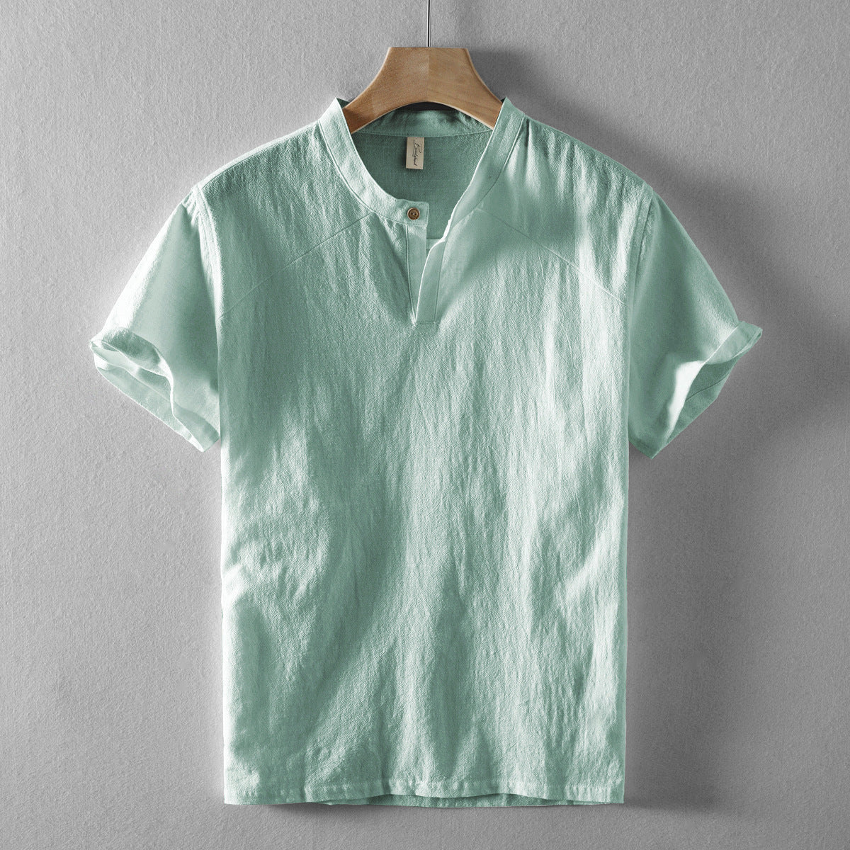 Men’s Short-Sleeve Shirt - Breathable Linen - Band Collar - Casual Relaxed Fit