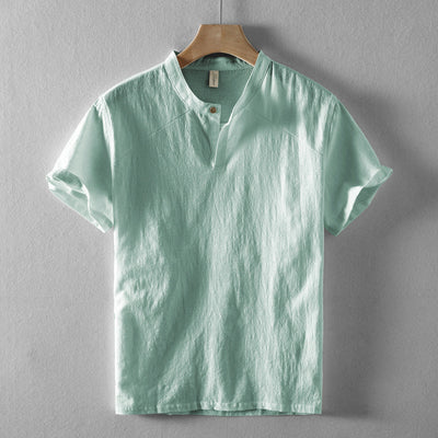 Men’s Short-Sleeve Shirt - Breathable Linen - Band Collar - Casual Relaxed Fit