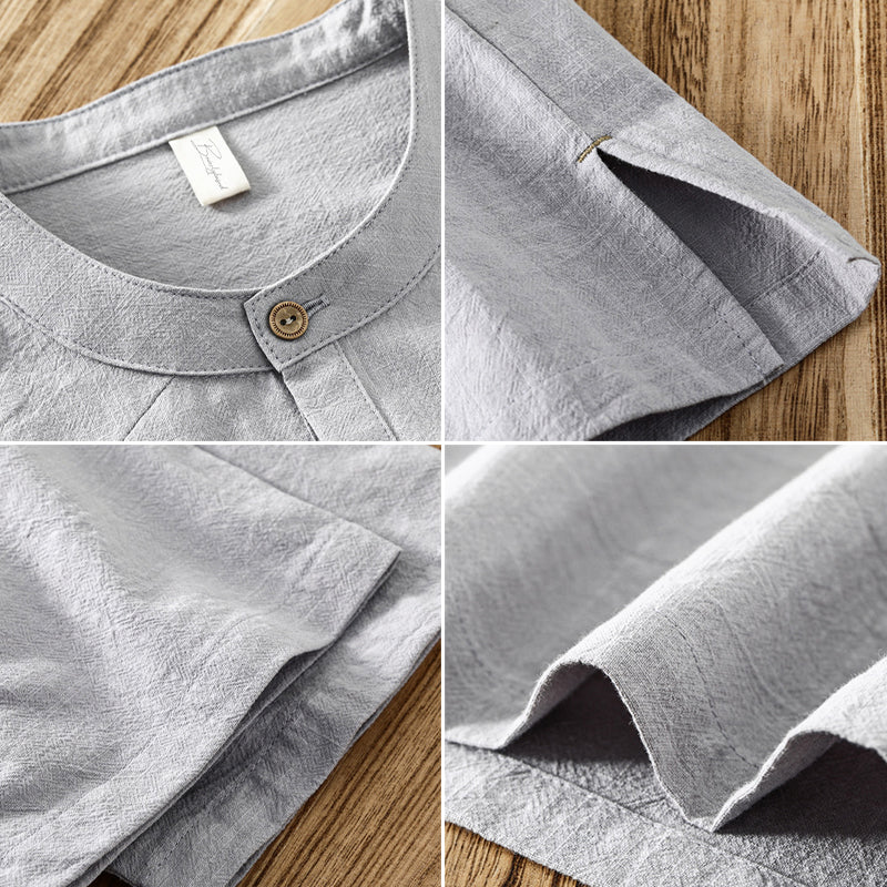 Men’s Short-Sleeve Shirt - Breathable Linen - Band Collar - Casual Relaxed Fit