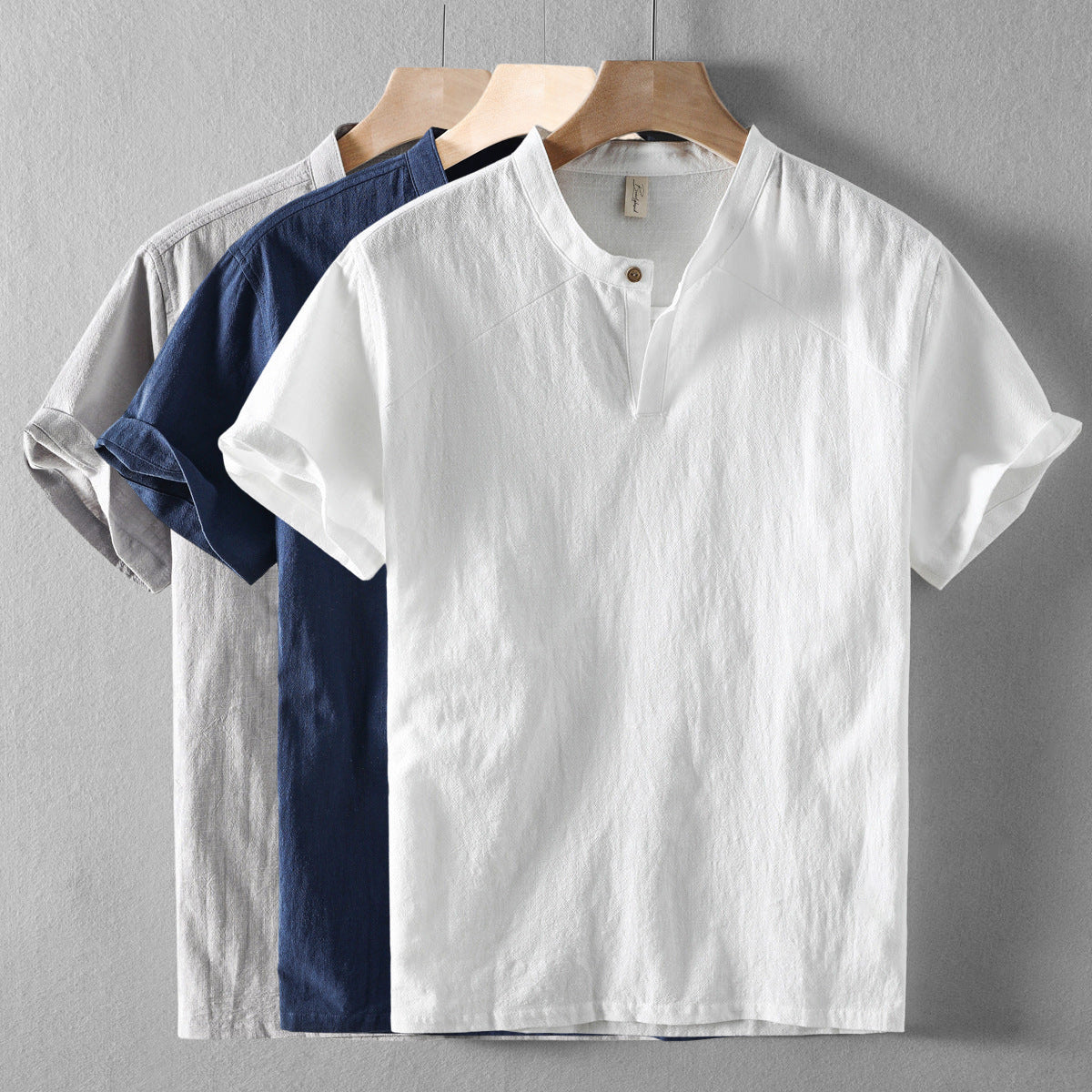 Men’s Short-Sleeve Shirt - Breathable Linen - Band Collar - Casual Relaxed Fit