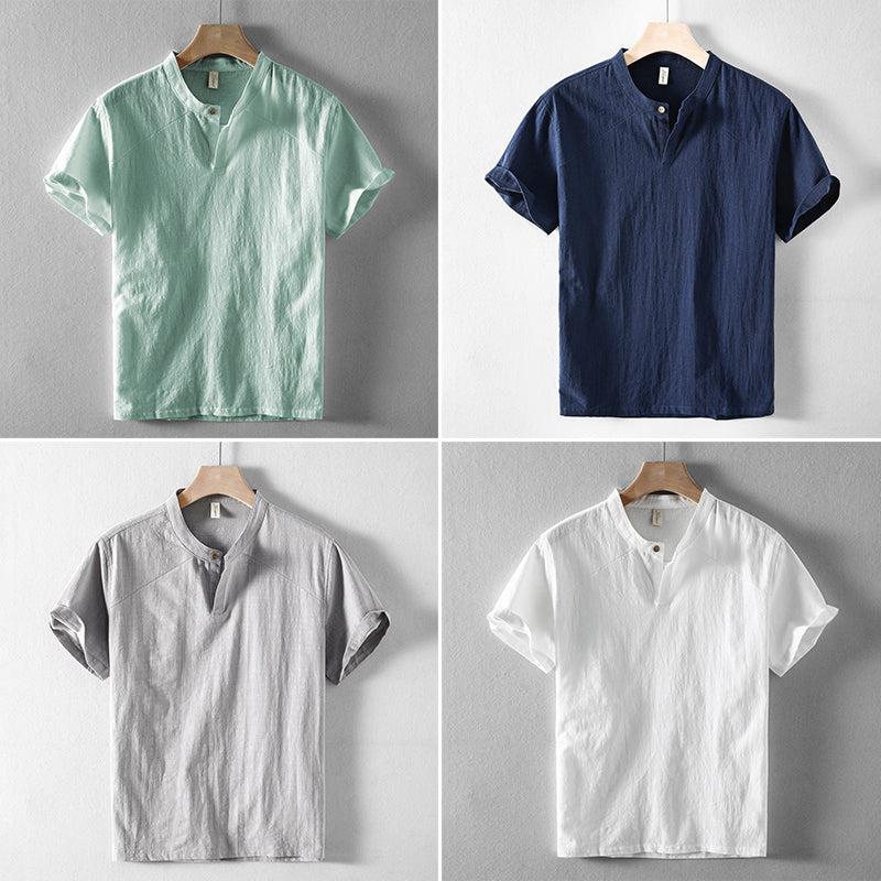 Men’s Short-Sleeve Shirt - Breathable Linen - Band Collar - Casual Relaxed Fit